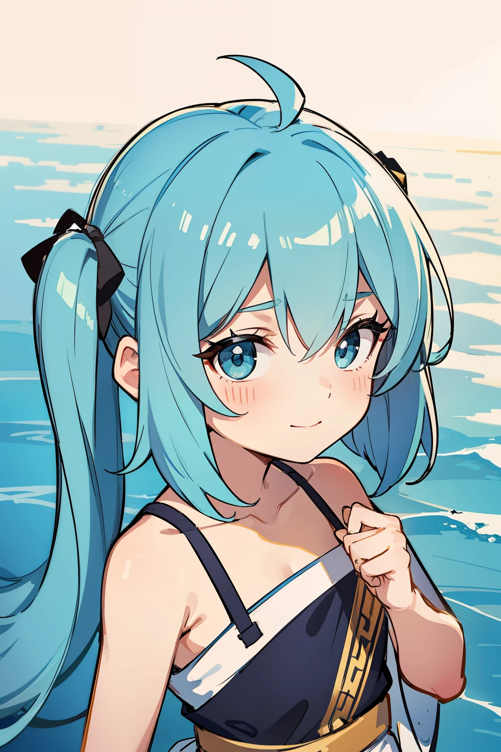 (high-quality, breathtaking),(expressive eyes, perfect face) 1girl, girl, solo, young kid, , chibi, toddler, long blue hair, green coloured eyes, stylised hair, gentle smile, medium length hair, loose hair, side bangs, curley hair, really spiky hair, spiked up hair, pigtails, looking at viewer, portrait, ancient greek clothes, blue black and white tunic, white Chlamys, sleeveless, greek, blue and gold sash, ocean background, ribbon accessories in hair, slightly narrow eyes, baby face, baby body, , small head, 36½ inches tall, chibi art style