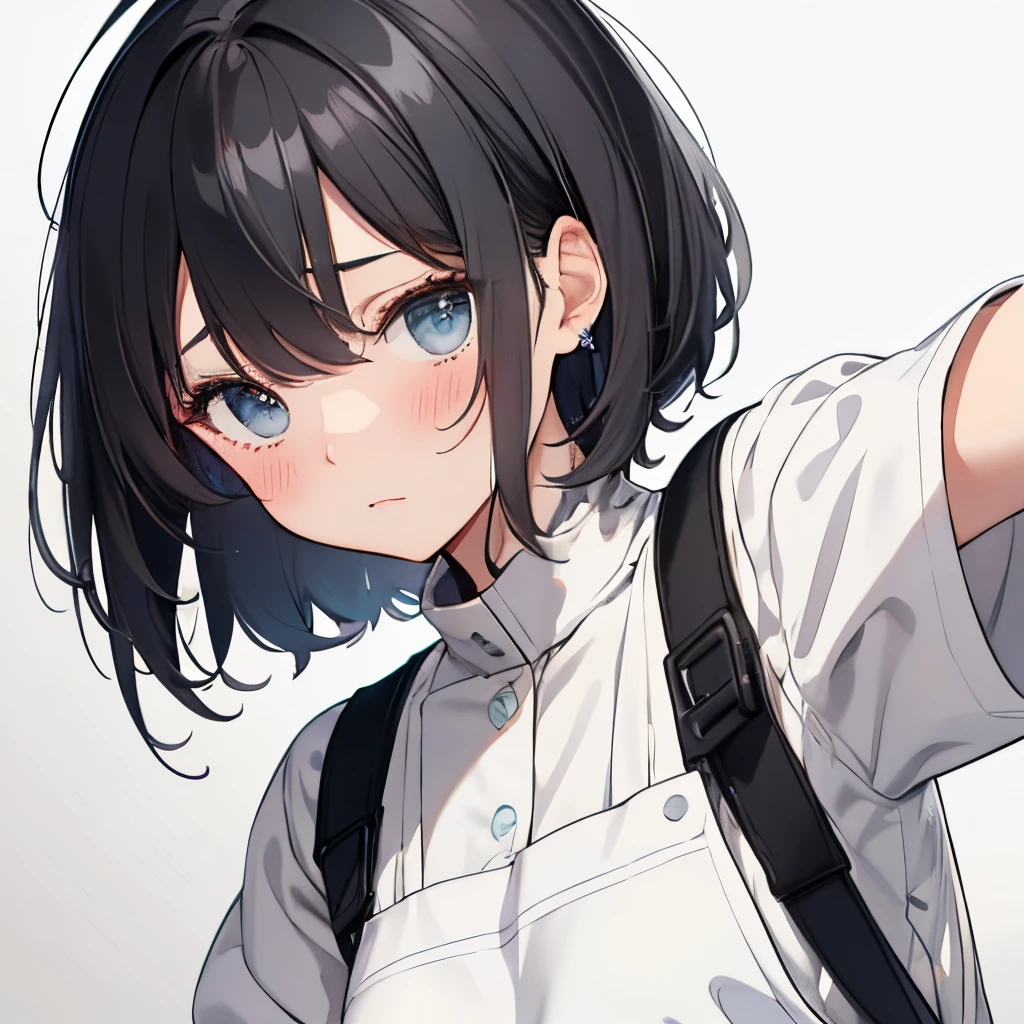 【Highest Quality, masutepiece】 [1 girl in, Manteau, expressioness, turquoise Eyes, front facing, Jet-black hair,straight haired, Bery short hair ,Cafe Apron] (Gray white background:1.5), No smile, Does not blush cheeks,