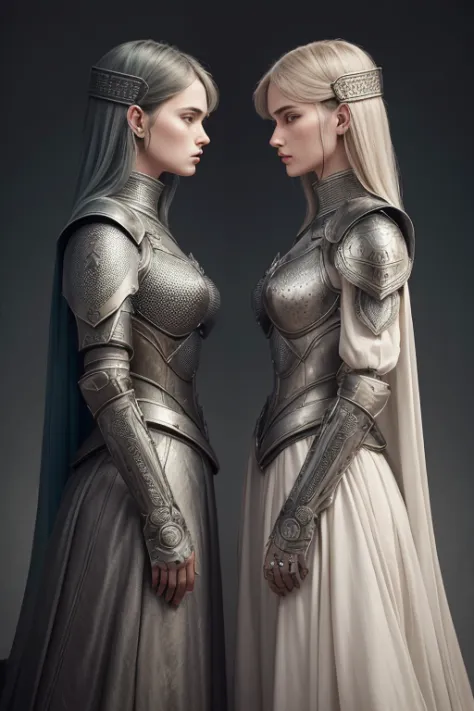 Two women in armor stand next to each other, Highly detailed surreal VFX, inspired by Peter Lindbergh, Desaturated and muted col...