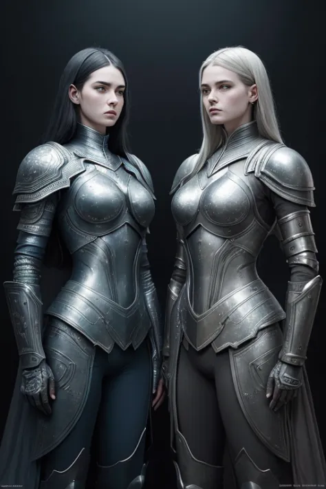 Two women in armor stand next to each other, Highly detailed surreal VFX, inspired by Peter Lindbergh, Desaturated and muted col...