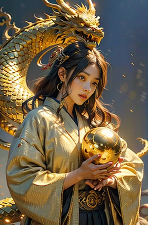 Best Quality,High quality,hight resolution,hyper realistic photography, Raw photography, emotional、top-quality、The eight-pronged serpent of Japanese mythology、Golden Dragon、golden ball in hand、Deities々Right、Mystical、spiritual、A fluttering wad of bills in the background、Bright background、light pours down