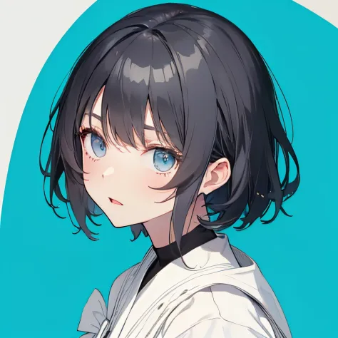 【Highest Quality, masutepiece】 [1 girl in, Manteau, expressioness, turquoise Eyes, front facing, Jet-black hair,straight haired, Bery short hair ,Cafe Apron] (Gray white background:1.5),
