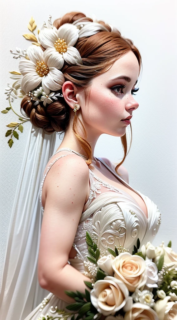 Bride&#39;s veil with detailed embroidery、blanche、Beautiful fece、Rose pattern、Embroidery with silver thread on a white background、pearls,Beautiful bride&#39;s veil and wedding dress on the wedding day,Beautiful fece,Background decorated with embroidery,Studio Lighting,photogenic,Photographed by a professional,​masterpiece