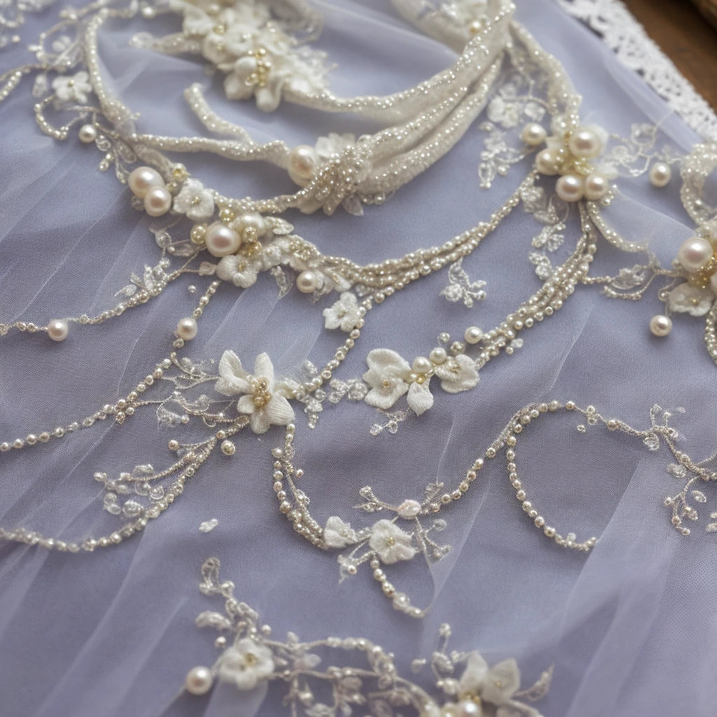 Bride&#39;s veil with detailed embroidery、blanche、Beautiful fece、rococo pattern、Embroidery with silver thread on a white background、Decorate with pearl-like beads,Close-up photo of the beautiful bride&#39;s veil on the wedding day,,Studio Lighting,photogenic,Photographed by a professional,​masterpiece