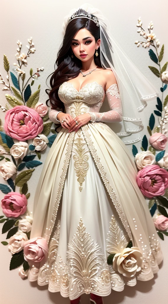 Bride&#39;s veil with detailed embroidery、blanche、Beautiful fece、Rose pattern、Embroidery with silver thread on a white background、pearls,Beautiful bride&#39;s veil and wedding dress on the wedding day,Beautiful fece,Background decorated with embroidery,Studio Lighting,photogenic,Photographed by a professional,​masterpiece