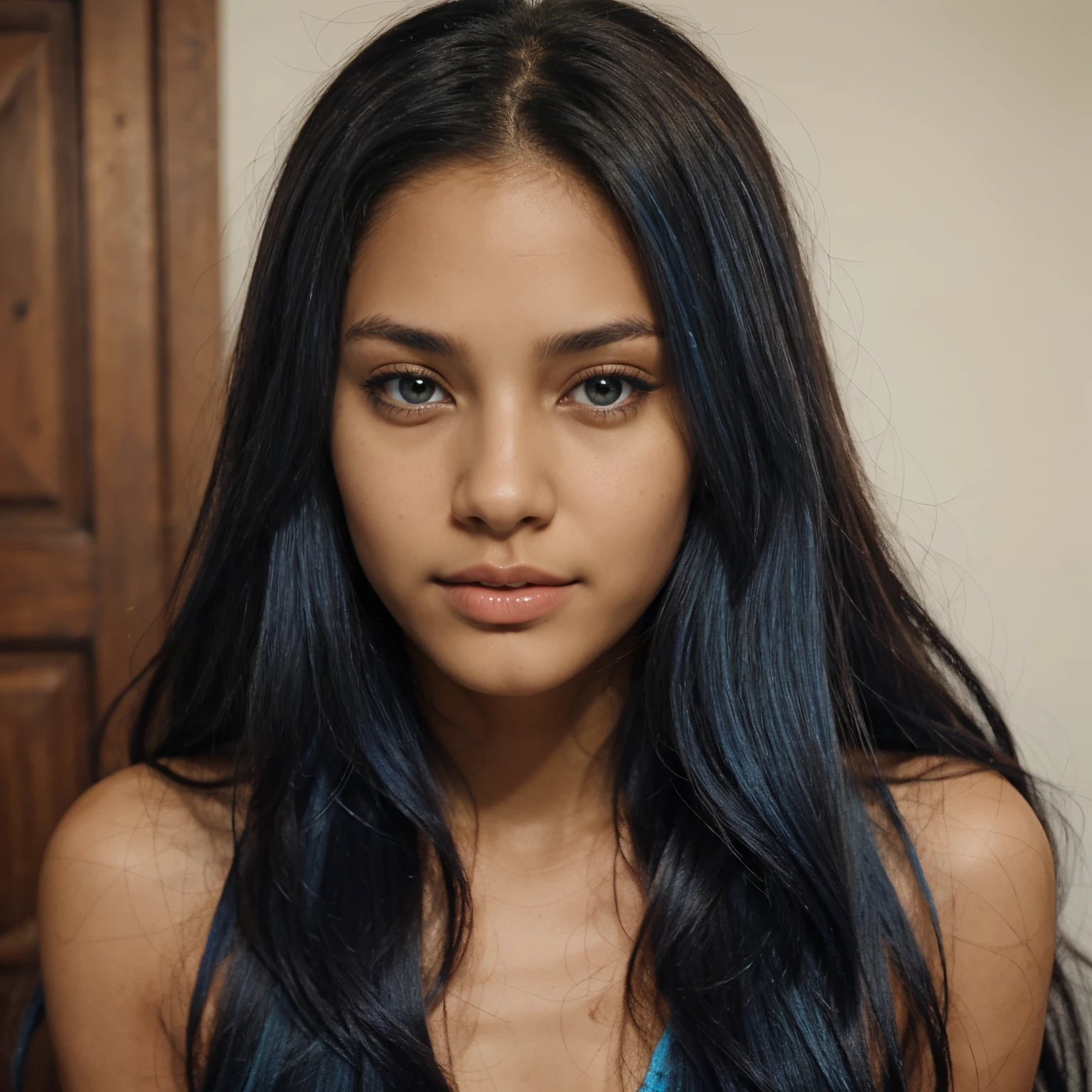 A close up of a woman with long black hair and a blue top - SeaArt AI