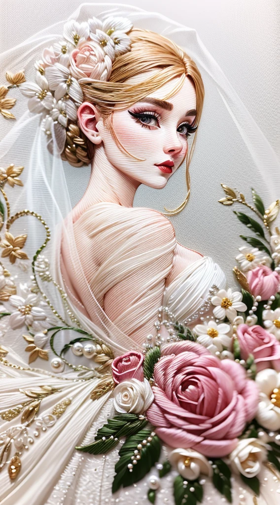 Bride&#39;s veil with detailed embroidery、blanche、Beautiful fece、Rose pattern、Embroidery with silver thread on a white background、pearls,Beautiful bride&#39;s veil and wedding dress on the wedding day,Beautiful fece,Background decorated with embroidery,Studio Lighting,photogenic,Photographed by a professional,​masterpiece