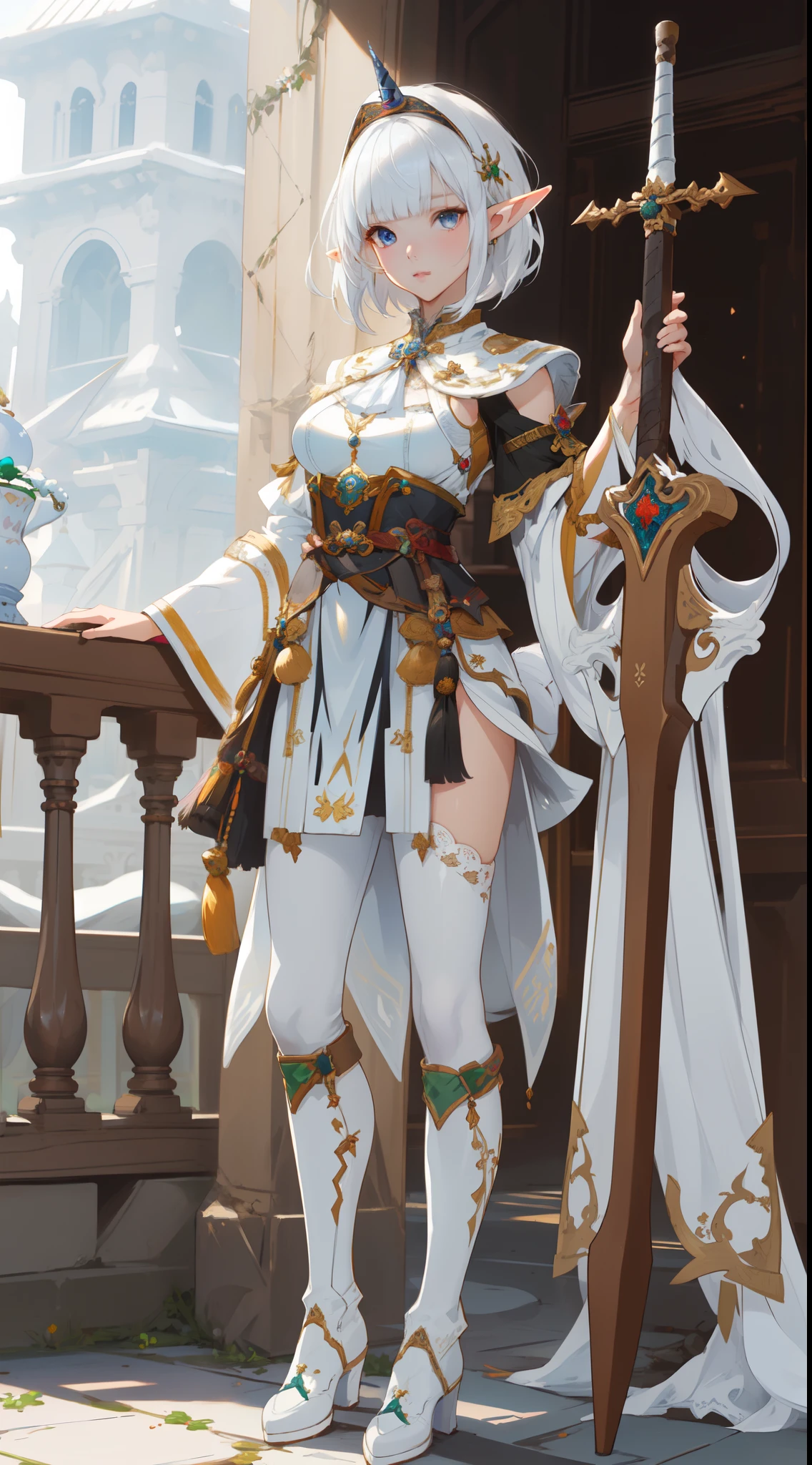 (((masterpiece, best quality))),  (elf), (1girl), solo,  Bob cut hair, Blunt bangs, (hair between eye), white hair，(beautiful detailed face:1.2)，((White Kirin armor))，big breast, long black glovelack pantyhoses， standing with white boots, art style by Artgerm, by Kawacy, By Wadim kashin