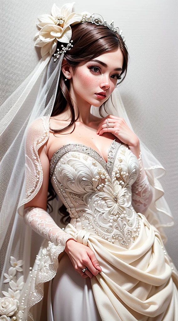 Bride&#39;s veil with detailed embroidery、blanche、Beautiful fece、Rose pattern、Embroidery with silver thread on a white background、pearls,Beautiful bride&#39;s veil and wedding dress on the wedding day,Beautiful fece,Background decorated with embroidery,Studio Lighting,photogenic,Photographed by a professional,​masterpiece