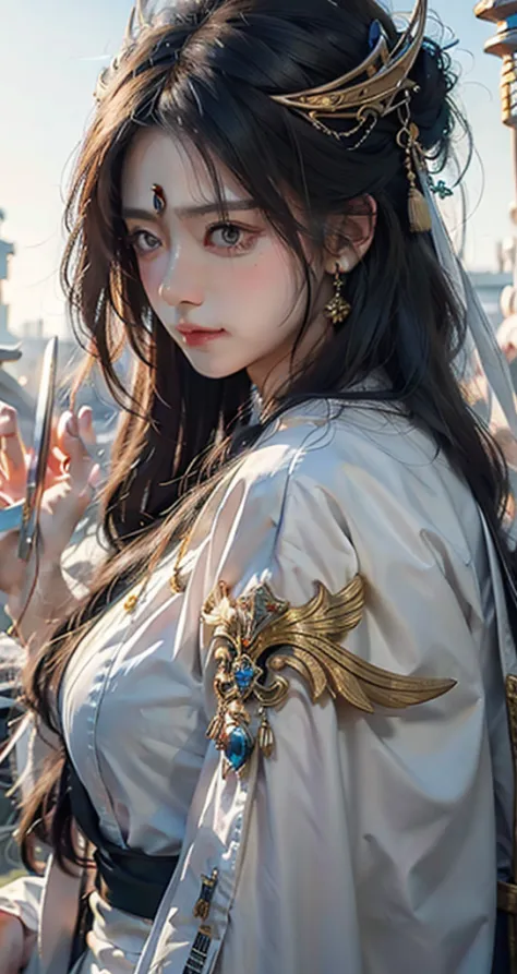 a woman in white holds a sword in the crowd., splendid palace ， a girl in hanfu, flowing hair and long coat, beautiful character...