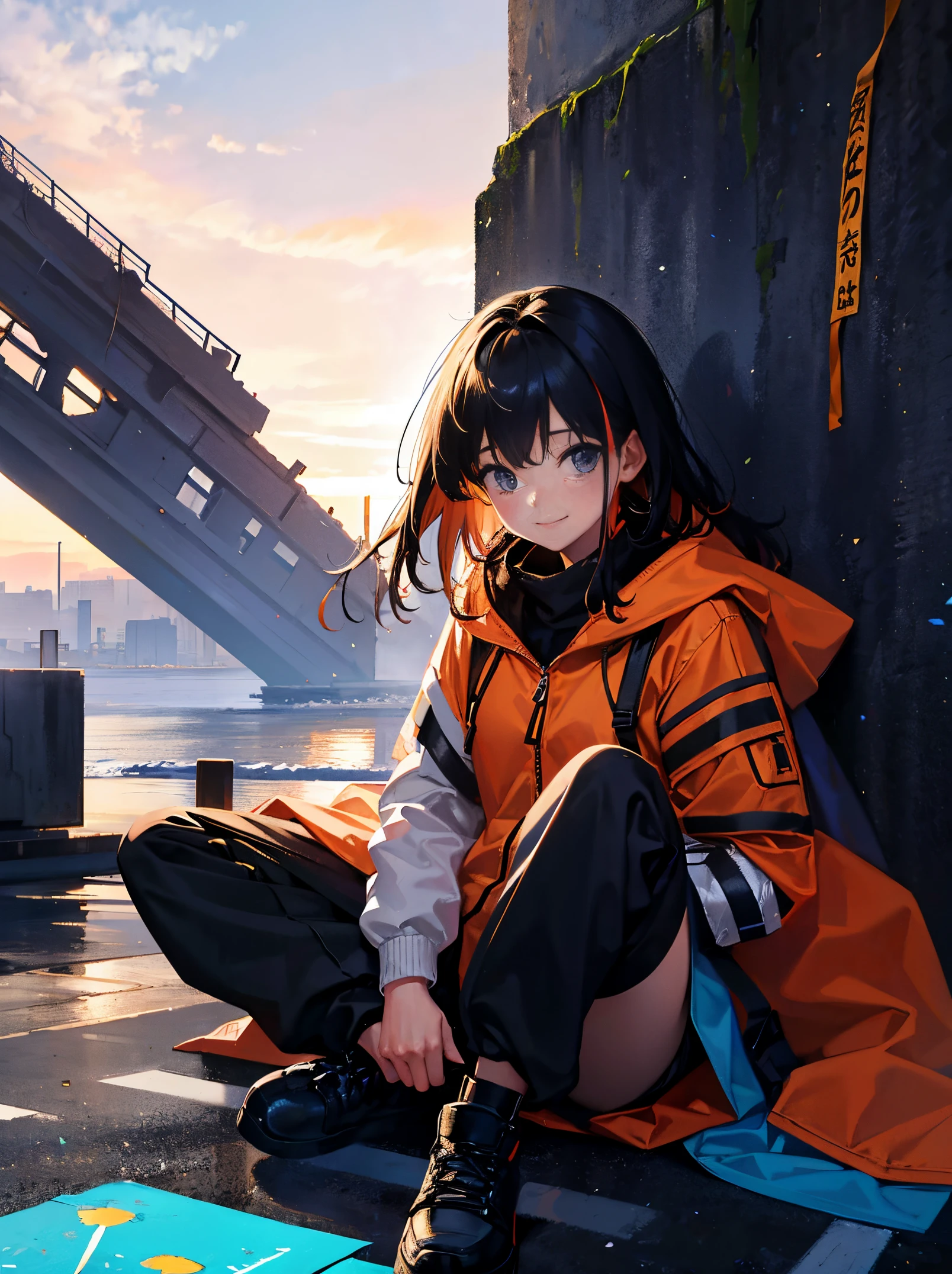 girl with, Wearing a down jacket，blows wind,Fluttering hair，gust of wind， Colorful, , ​masterpiece, Sit up,  side from , Bruised figure，A smile, starrysky, stele