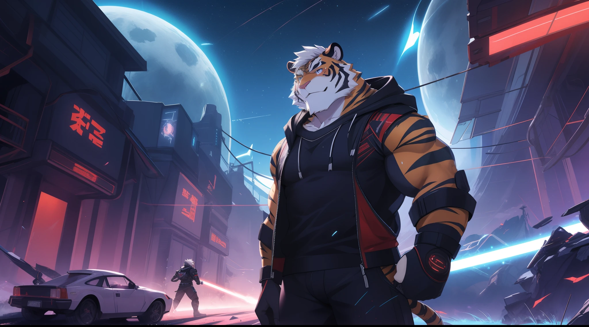 anthro ((tiger)), furry, tiger, golden fur, (white hair:1.5), beard, male, white eyebrows, violet eyes, masterpiece, (no stripes on face:1.5), ((Best quality)), character focus solo, handsome, middle-aged, mature, muscle body, sexy, dilf, full body, (((kosutora))) weilding a red light saber katana, blue short sleeve hoodie, short pant, blood moon, ray tracing, masterpiece, best quality, ultra quality, absurd details, best light, best shadow, sharp, sharp image, detailed, extremely detailed, great resolution, 8k, 4k, uhd, particle effects, beautiful effects, vivid colors, neon light, neon, light, (((scifi))), ((((battle scene))))