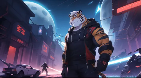 anthro ((tiger)), furry, tiger, golden fur, (white hair:1.5), beard, male, white eyebrows, violet eyes, masterpiece, (no stripes on face:1.5), ((Best quality)), character focus solo, handsome, middle-aged, mature, muscle body, sexy, dilf, full body, (((kos...