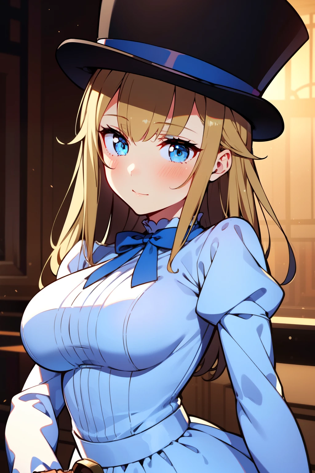 (1girl, solo), blonde hair, side ponytail, (blue eyes:1.5), long hair, (medium breast:1.2), (hair ribbon, juliet sleeves, long sleeves, puffy sleeves, white dress:1.5, frills, top hat, black top hat, hat, hat flower,) looking at viewer, holding knife, indoors, (masterpiece:1.2), best quality, high resolution, unity 8k wallpaper, (illustration:1.2), anime style, (beautiful detailed eyes:1.6), extremely detailed face, perfect lighting, extremely detailed CG, (perfect hands, perfect anatomy),