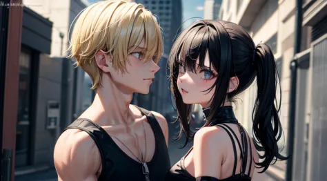 teenager emo girl with black pigtails with small boobs, emo teenager guy with blonde hair