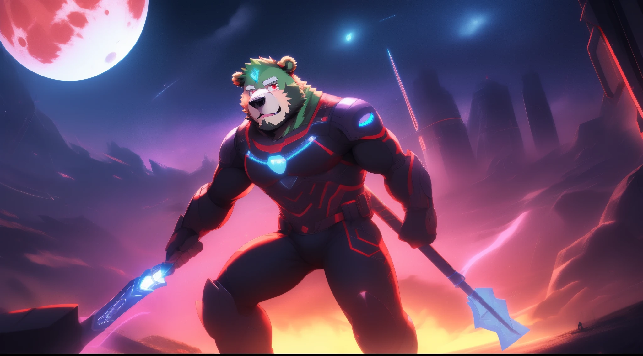 anthro ((bear)), furry, bear, green fur, green hair, ((beard)), male, white eyebrows, red eyes, masterpiece, ((Best quality)), character focus solo, handsome, middle-aged, mature, muscle body, sexy, dilf, full body, (((jinpei))) weilding a magic staff, long white coat and gray pant, black protective inner suit, blood moon, ray tracing, masterpiece, best quality, ultra quality, absurd details, best light, best shadow, sharp, sharp image, detailed, extremely detailed, great resolution, 8k, 4k, uhd, particle effects, beautiful effects, vivid colors, neon light, neon, light, (((scifi))), ((((battle scene))))