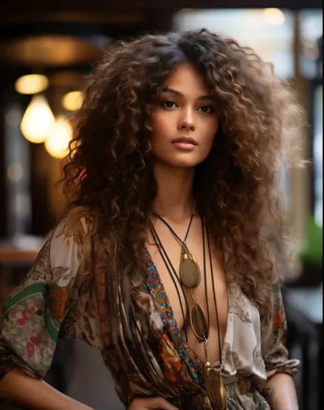 araffe woman with long curly hair wearing a dress and necklace, big hair, long afro hair, long messy curly hair, long curly hair...
