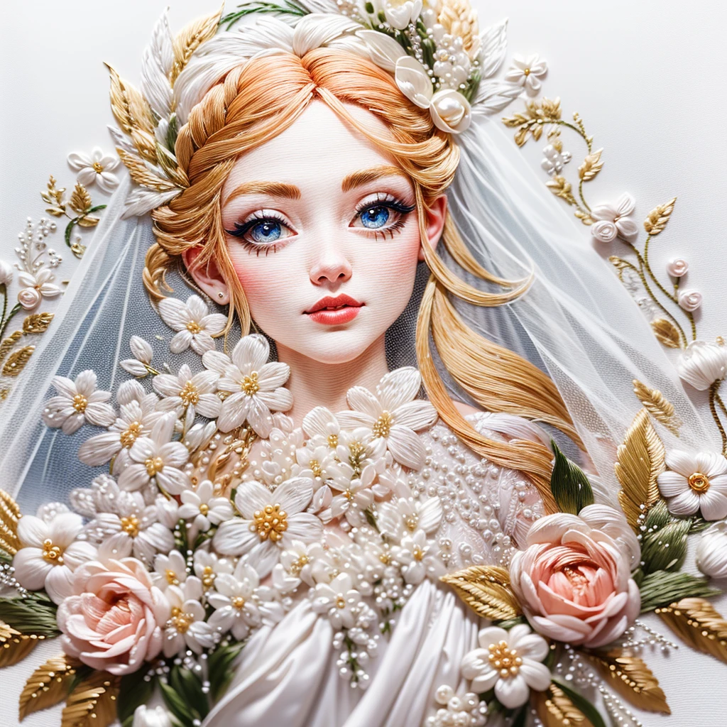 Bride&#39;s veil with detailed embroidery、blanche、Beautiful fece、Rose pattern、Embroidery with silver thread on a white background、pearls,Beautiful bride&#39;s veil and wedding dress on the wedding day,Beautiful fece,Background decorated with embroidery,Studio Lighting,photogenic,Photographed by a professional,​masterpiece