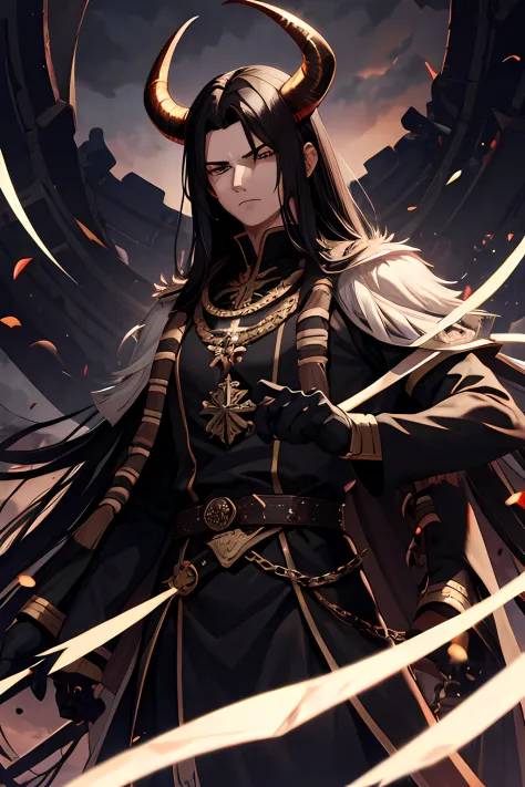 A 40 year old general, muscular, long black hair, male, dark aura, three eyes, 4 arms, black eyes, 1 black demon horn