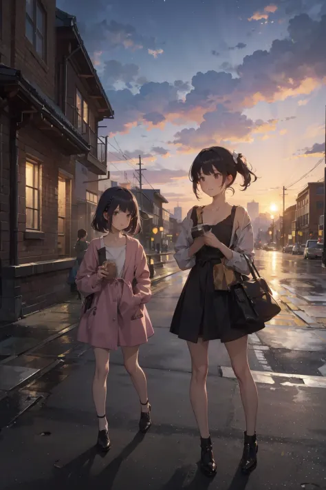 Twin girls，Cartoonish style，In the city at dusk、