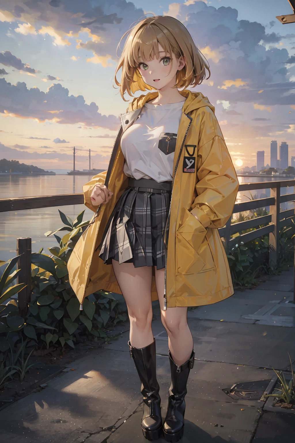 of the highest quality,16 K, masutepiece, Beautiful High School Girl， Beautiful light brown bob hair, beautiful eyes of light brown, Looking at Viewer, Light Brown Medium Bob Hair, plump breasts, Standing open legs, BREAK (Yellow theme:1.4), (Oversized, baggy yellow outerwear:1.3), (Yellow windbreaker and yellow hoodie fusion:1.4), (Yellow Nylon:1.4), ((zippers, Large pocket):1.3), BREAK (Black and white plaid pleated skirt:1.2), (Black Platform High Boots:1.2), Sunset Sea Shore, Orange sky, Beautiful clouds,