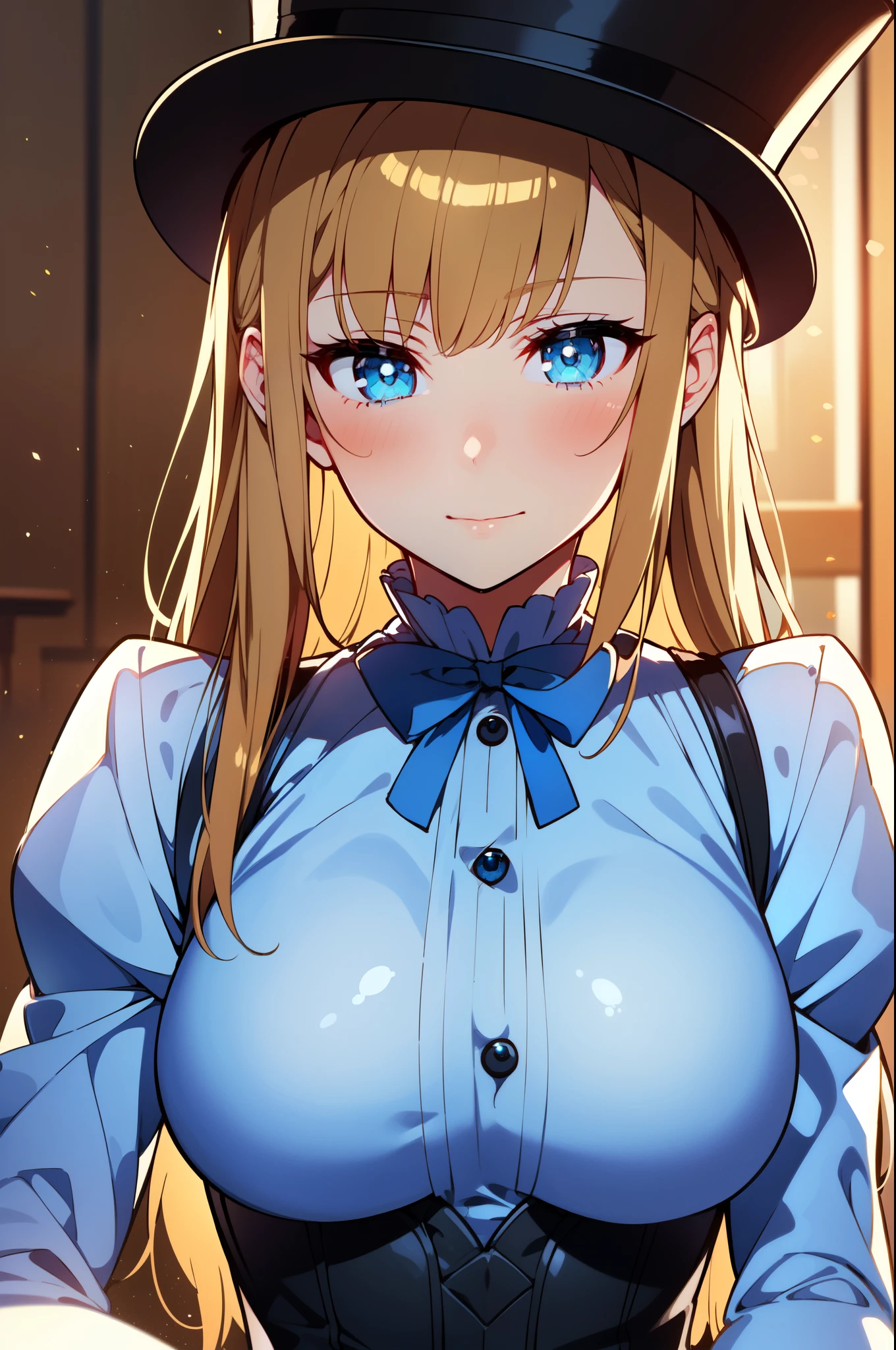 (1girl, solo), blonde hair, side ponytail, (blue eyes:1.5), long hair, (medium breast:1.2), (hair ribbon, juliet sleeves, long sleeves, puffy sleeves, white dress:1.5, frills, top hat, black top hat, hat, hat flower,) looking at viewer, holding knife, knife, indoors, (masterpiece:1.2), best quality, high resolution, unity 8k wallpaper, (illustration:1.2), anime style, (beautiful detailed eyes:1.6), extremely detailed face, perfect lighting, extremely detailed CG, (perfect hands, perfect anatomy),