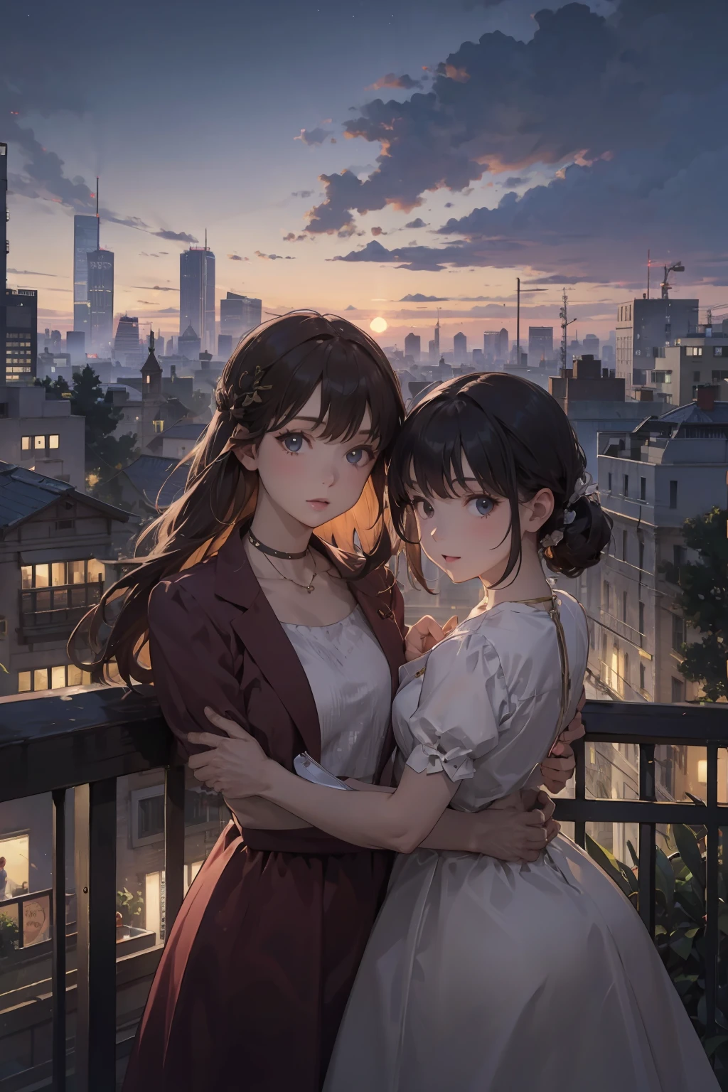 Twin girls，Cartoonish style，In the city at dusk、Lots of people