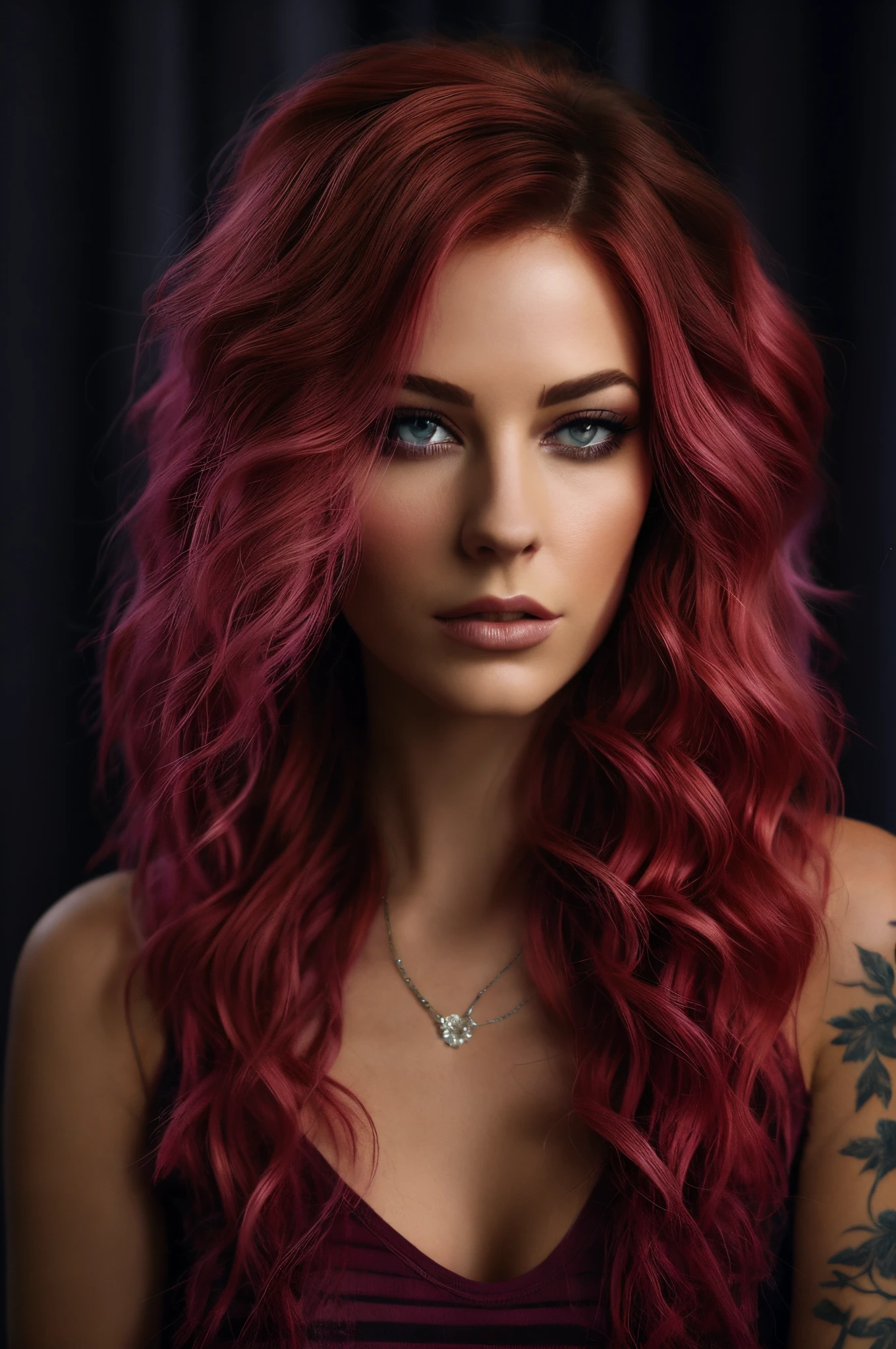 un gros plan d&#39;une femme aux cheveux roses et aux tatouages, curly pink hair, Couleur de cheveux spectaculaire, Style de couleur rose et rouge, cheveux roux ondulés et vibrants, cheveux roux et traits attrayants, cheveux ondulés rouge vente, cheveux roses, cheveux roses fluides, cheveux roses, cheveux roux vibrants, colorful hair, photo of a beautiful woman, aux cheveux roses, Reflets rose vif ,un fond blanc avec reflet elle souris .photographie realiste avec des ombres