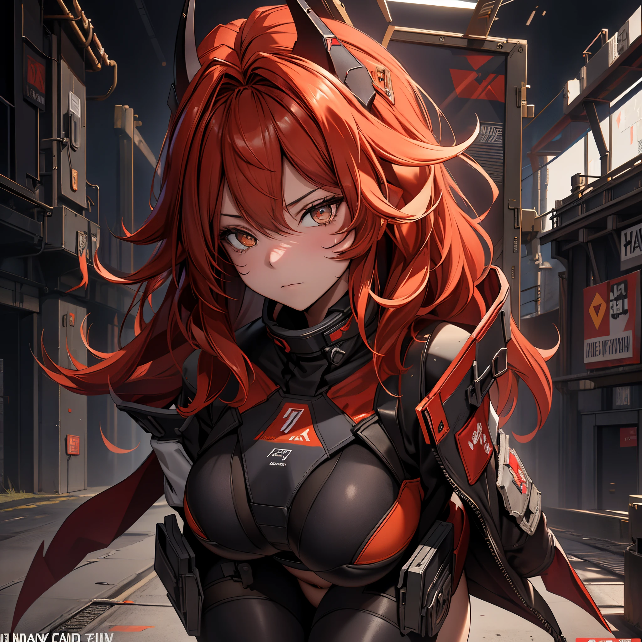 A lone mature girl, Leg long Burning Red hair, , Brown eyes, cat eyes, Beautiful face, masterpiece, best quality, expressive eyes, perfect face, forehead protector, long Black Twin Horn Head Gear, Big Anti-Tank Sniper Rifle, Exposed Navel, Black rubber skin tight suit, full leg black stocking, exposed chest , sci-fi city , High detail mature face, combat suit, high res, ultra sharp, She stands confidently in the center of the poster, Shooting pose, explosion effect, a determined expression on her face。The background is dark and gritty，There is a sense of danger and a strong feeling。The text is bold and eye-catching，With catchy slogans，Adds to the overall drama and excitement。The color palette is dominated by dark colors，Dotted with bright colorake the poster dynamic and visually strikinagazines:1.3), (Cover-style:1.3), Fashion, vibrant, Outfit, posing on a, Front, rich colorful，Background with，element in，self-assured，Expressing the，halter，statement，Attachment，A majestic，coil，Runt，Touching pubic area，Scenes，text，Cover of a，boldness，attention-grabbing，titleashion，typeface，，Best quality at best，Hyper-detailing，8K ，hyper HD