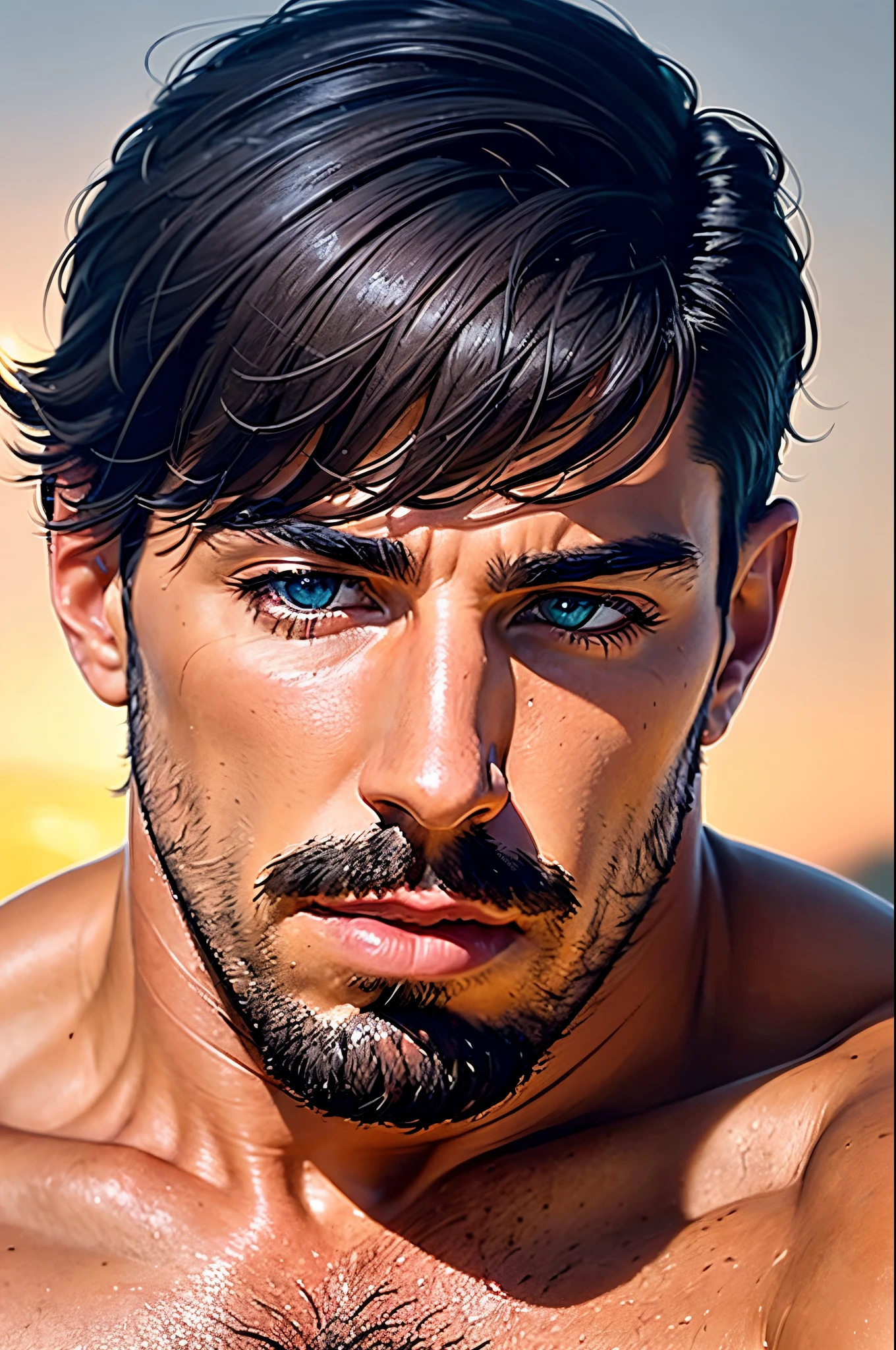 Pintura de um homem com barba e bigode na praia - SeaArt AI