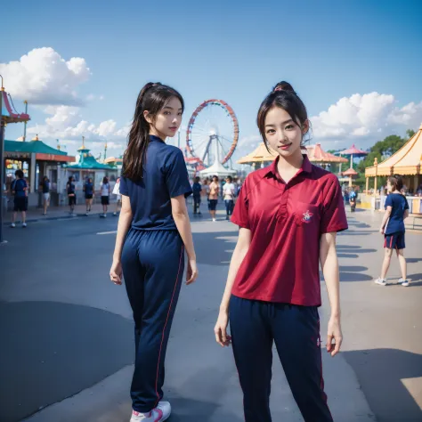 ((1 amusement park girl pose:1.5)),colorful theme,(wide shot:1.3),field of view,18yo, shiny skin, Perfect body, Correct body, ((Correct anatomy:1.37)) ,full body, wearing ((red shirt:1.1)),short sleeves,(shiny_darkblue_long_TrackPants:1.3) , ((amusement pa...