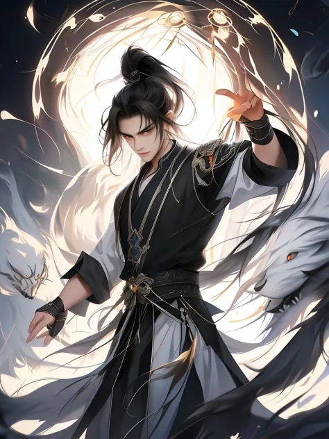 A young Taoist priest，Long hair and high ponytail，Brown-eyed protagonist has mysterious black marks on his neck，Immerse yourself...