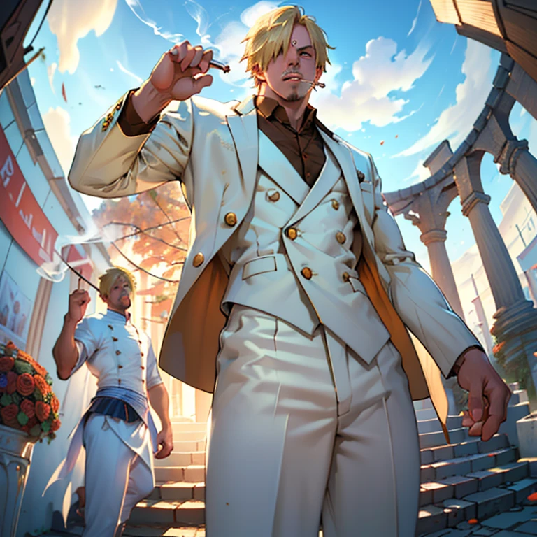 ( Masterpiece, best quality , shot from below , 100mm lens, fisheye:1.4), ((pov from below:1.4)), (( open air wedding ceremony, 1 story tall cake in background , surrounded by average thugs, enemies attacking, extreme high detailed )). ( 1man:1.1, [plump cheeks], sanji2, ( smoking cigarette:1.4 ), confident stride, action_pose, combat_pose, dynamic_pose , muaythai_pose, blonde hair, wearing 2 piece white wedding suit ootd ), ( cinematic lighting, HDR)