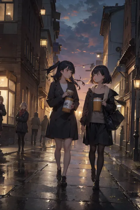 Twin girls，Cartoonish style，In the city at dusk、Lots of people