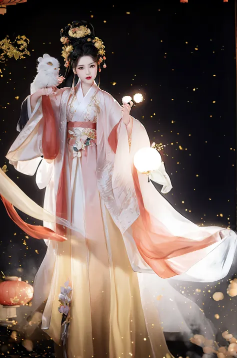 husband wearing korean traditional clothes，Handheld fireworks, white hanfu, 宮 ， A girl in Hanfu, flowing magic robe, Wearing anc...