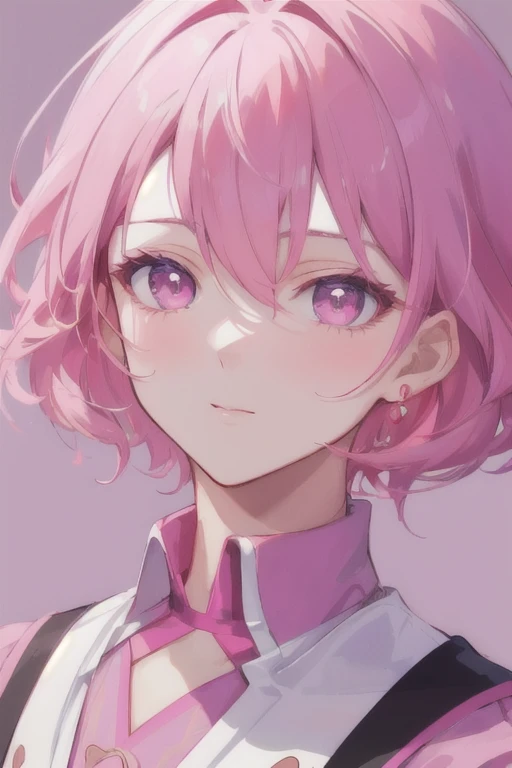 a close up of a person with pink hair and a pink shirt, inspired by Yanjun Cheng, pink girl, cute girl with short pink hair, ((pink)), delicate androgynous prince, trending on artstration, handsome guy in demon slayer art, beautiful anime portrait, beautiful androgynous prince, glowing pink face, kawaii realistic portrait, pink face, anime boy