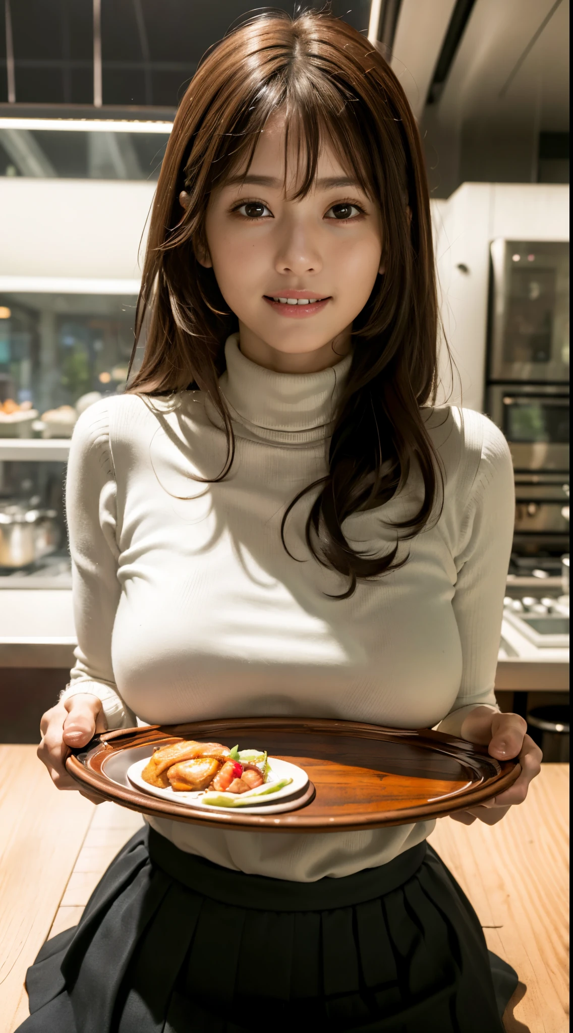 (Best Quality, Masterpiece, Photo realistic, Ultra Detailed, ultra high res, raw:1.3), (1girl, pretty, Japanese), (smile), (turtleneck sweater), (breasts on tray, round tray, sliver tray), mini-skirt, cafe, bangs,