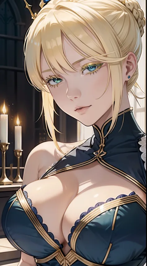(Artoria Pendragon (Lancete)),   female, elegant, braided bun, blonde, green eyes, (yellow eyelashes), curvaceous, large breasts, bare shoulders, blue leotard, cleavage cutout, elegant face, close-up portrait, high resolution, extremely detail 8k.