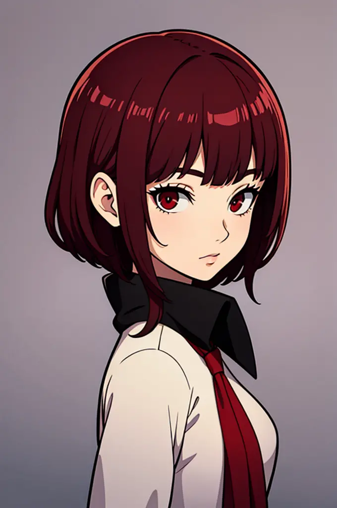 masterpiece, best quality, dark maroon hair, red eyes, bangs, portrait, female, simple background, black school uniform