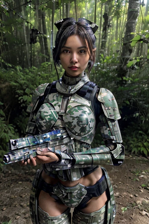 best quality, (sci-fi:1.3), masterpiece, best aesthetic, (ultra high res, finely detailed, 16K:1.4), (correct anatomy:1.5), pov, outdoor, rainforest, 1 girl, solo, (female soldier:1.2), (cyborg:1.3), cowboy shot, looking at viewer, black hair, ((single hair bun:1.1)), detailed skin, ((tan:1.2)), dark eyes, beautiful nose, beautiful lips, expressionless, (slender:1.4), (beautiful breast:1.3), ((mechanized body, camouflaged armor:1.4)), ((holding 1 blaster rifle:1.5)), ((firing the blaster at enemy position:1.3))