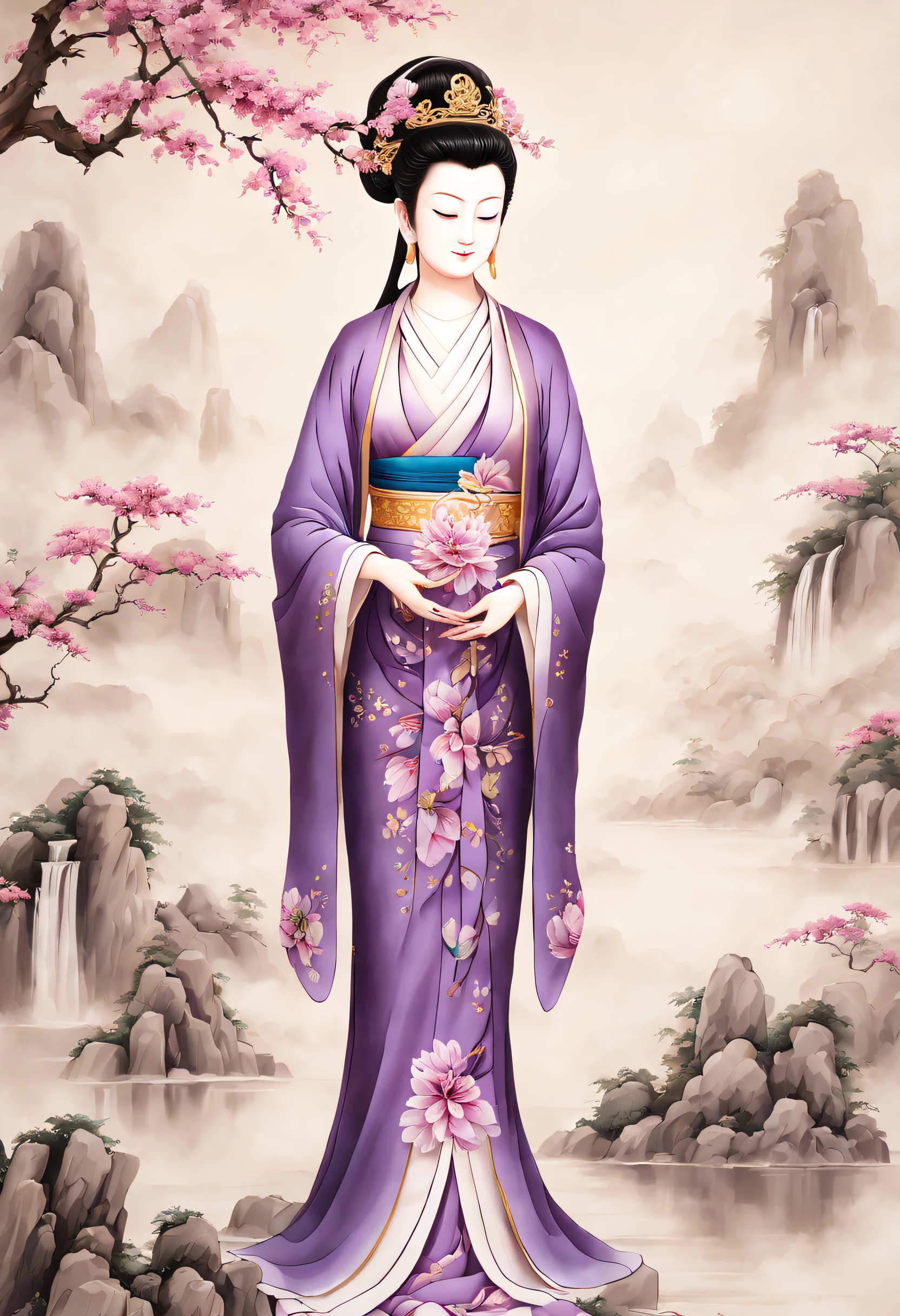 ( Embroidery works), (Suzhou embroidered purple robe Guanyin statue), (standing full-body), embroidery, Kesi silk craft,Embroidery works, The center is Ziguanyin，Surrounded by realistic embroidered flowers, Rectangular glass frame combination, line sleek, bird's eyes view, gold background, Realistic embroidery details, k hd, - Niji 5 style expression,
Avalokitesvara&#39;s expression is peaceful and peaceful, Her eyes are slightly closed, It was as if lost in thought. Her face is round, Her lines are smooth, Full of compassion and wisdom, And the corners of his mouth were slightly raised, show a calm smile,  People feel a sense of tranquility and comfort,
Avalokitesvara&#39;sFingers are slender and strong, Expose your hands to your chest, As if she could drive away all the suffering in the world, Symbolizes love and blessings to the world，Every stitch embodies the hard work and wisdom of the craftsmen...,  Her clothes are gorgeous and solemn, The color is mainly dark purple, Show her nobility and mystery. Her robe is embroidered with exquisite flowers and auspicious patterns, Sparkling，realistically.，These patterns complement the main color of purple,  The whole picture is more vivid and three-dimensional,
 The entire Suzhou embroidery work of Guanyin in Purple Clothes gives people a solemn and sacred feeling.., It’s as if you can feel the compassion and wisdom of Guanyin. This piece is a real work of art.,Su Embroidery Purple Clothes Guanyin Workquisite craftsmanship，Vivid image，attention-grabbing.