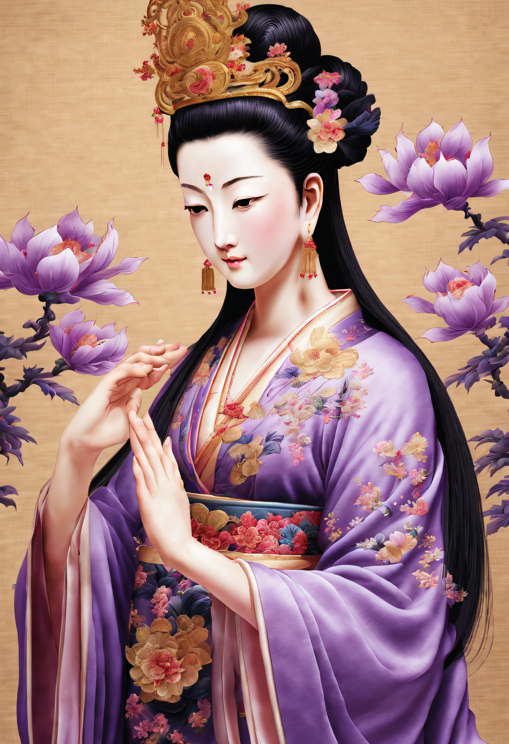 ( Embroidery works)), (Suzhou embroidered purple robe Guanyin statue), standing full-body, embroidery, Kesi silk craft,Embroidery works, The center is Ziguanyin，Surrounded by realistic embroidered flowers, Rectangular glass frame combination, line sleek, bird's eyes view, gold background, Realistic embroidery details, k hd, - Niji 5 style expression,
Avalokitesvara&#39;s expression is peaceful and peaceful, Her eyes are slightly closed, It was as if lost in thought. Her face is round, Her lines are smooth, Full of compassion and wisdom, And the corners of his mouth were slightly raised, show a calm smile, People feel a sense of tranquility and comfort, Avalokitesvara&#39;sFingers are slender and strong, Expose your hands to your chest, As if she could drive away all the suffering in the world, Symbolizes love and blessings to the world，Every stitch embodies the hard work and wisdom of the craftsmen...., Her clothes are gorgeous and solemn, The color is mainly dark purple, Show her nobility and mystery. Her robe is embroidered with exquisite flowers and auspicious patterns, Sparkling，realistically.，These patterns complement the main color of purple, The whole picture is more vivid and three-dimensional, The entire Suzhou embroidery work of Guanyin in Purple Clothes gives people a solemn and sacred feeling...