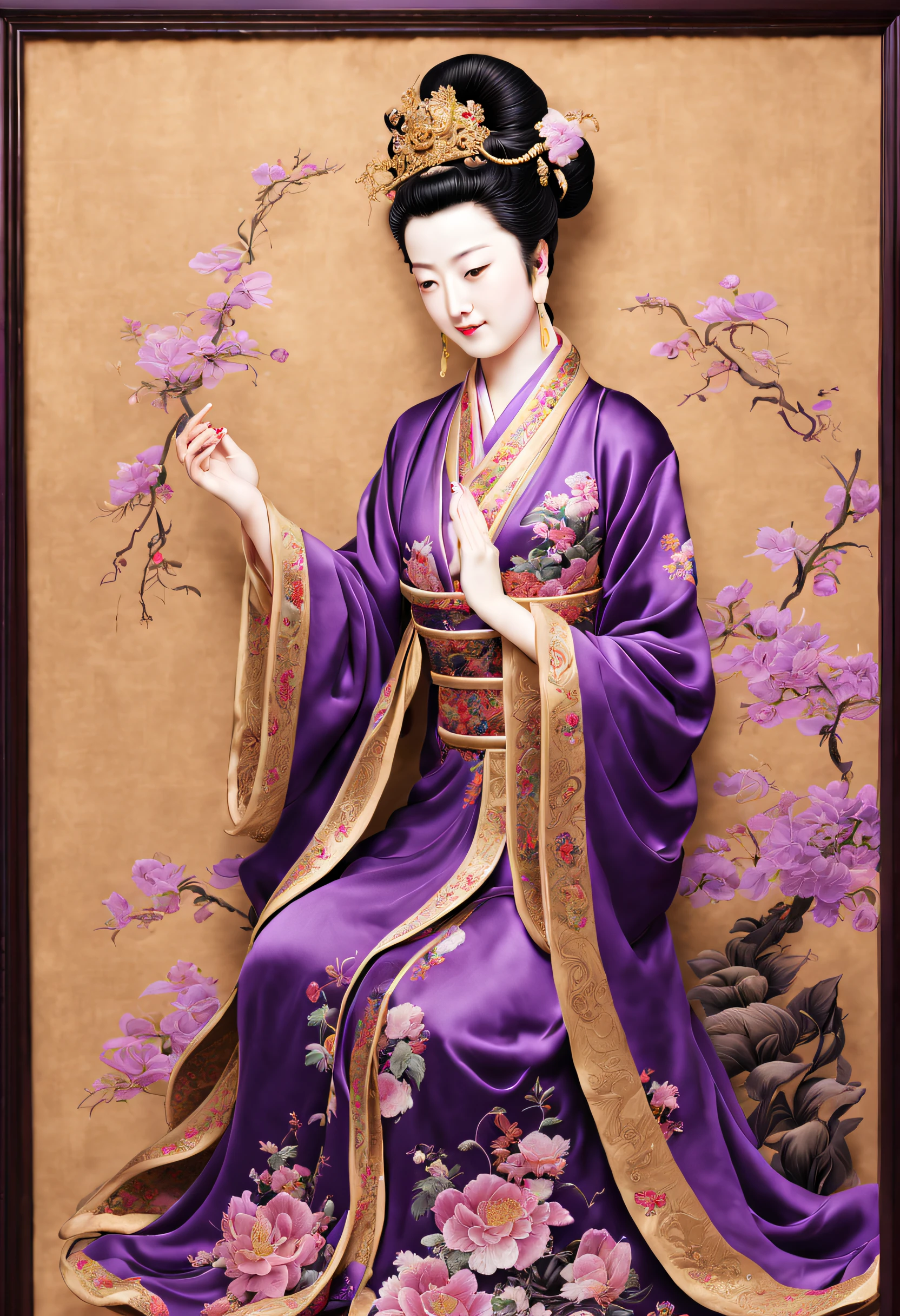 ( Embroidery works), (Suzhou embroidered purple robe Guanyin statue), (standing full-body), embroidery, Kesi silk craft,Embroidery works, The center is Ziguanyin，Surrounded by realistic embroidered flowers, Rectangular glass frame combination, line sleek, bird's eyes view, gold background, Realistic embroidery details, k hd, - Niji 5 style expression, Guanyin in purple looks peaceful and peaceful, Her eyes are slightly closed, It was as if lost in thought，Her face is round, Her lines are smooth, Full of compassion and wisdom, And the corners of his mouth were slightly raised, show a calm smile, People feel a sense of tranquility and comfort,Put your slender hands on your chest,  Every stitch embodies the hard work and wisdom of the craftsmen..., , The color is mainly dark purple, The robe is embroidered with intricate glittering patterns，Realistic colorful flowers and auspicious patterns,Her clothes are gorgeous and solemn，Show her nobility and mystery，These patterns complement the main color of purple, The whole picture is more vivid and three-dimensional, The entire Suzhou embroidery work of Guanyin in Purple Clothes gives people a solemn and sacred feeling..., delicate craftsmanship，Vivid image，Striking.