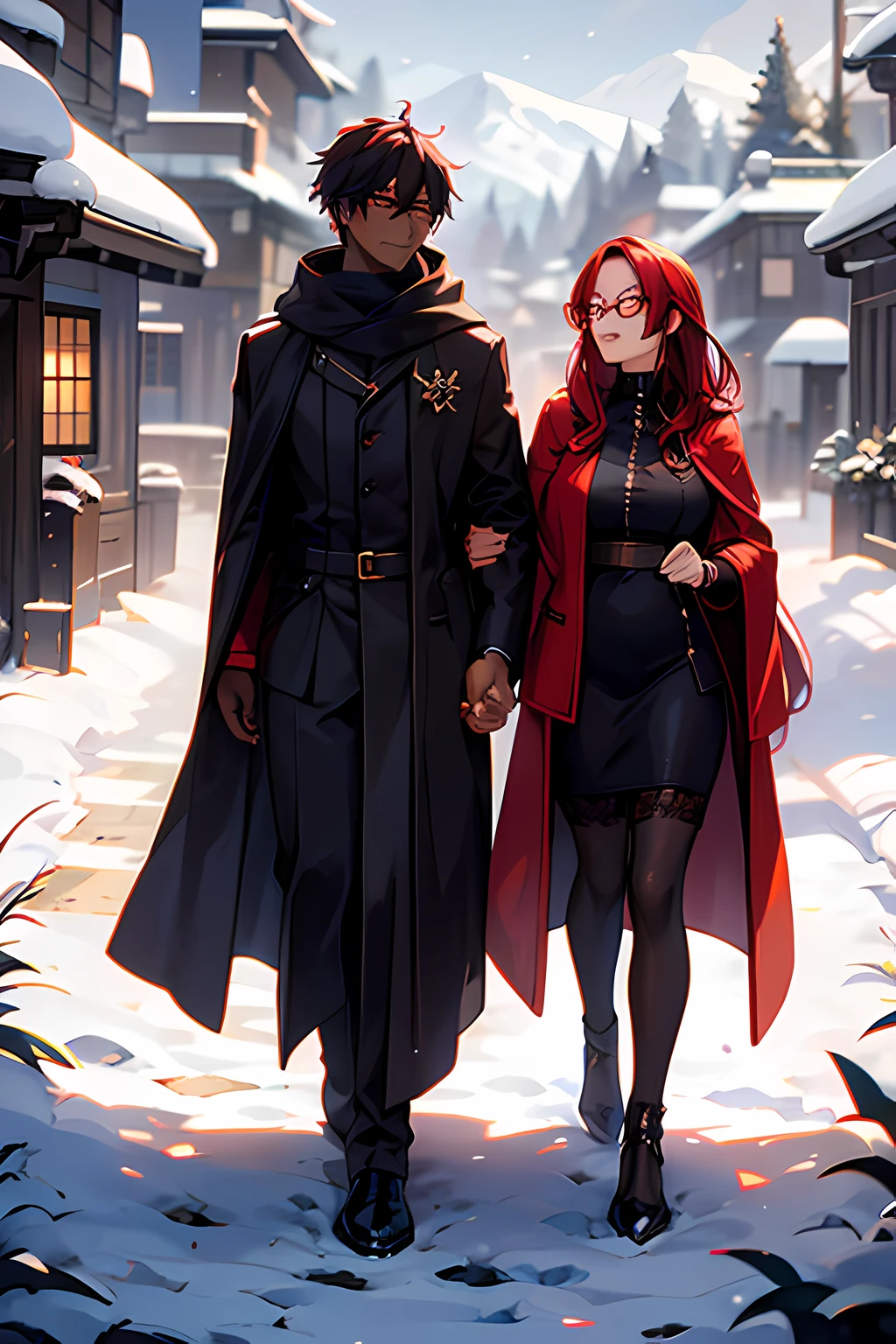 25 year old dark skinned male in a dark cloak with red eyes takes mature woman with red hair, glasses and black dress on a walk through the snow while holding hands