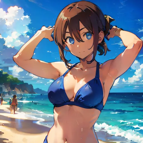 1girl, blue bandana, brown hair, short hair, blue eyes, posing in a blue bikini with her arms up, breasts, cleavage, thighs, beach,