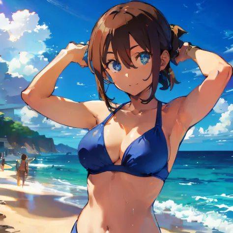 1girl, blue bandana, brown hair, short hair, blue eyes, posing in a blue bikini with her arms up, breasts, cleavage, thighs, beach,
