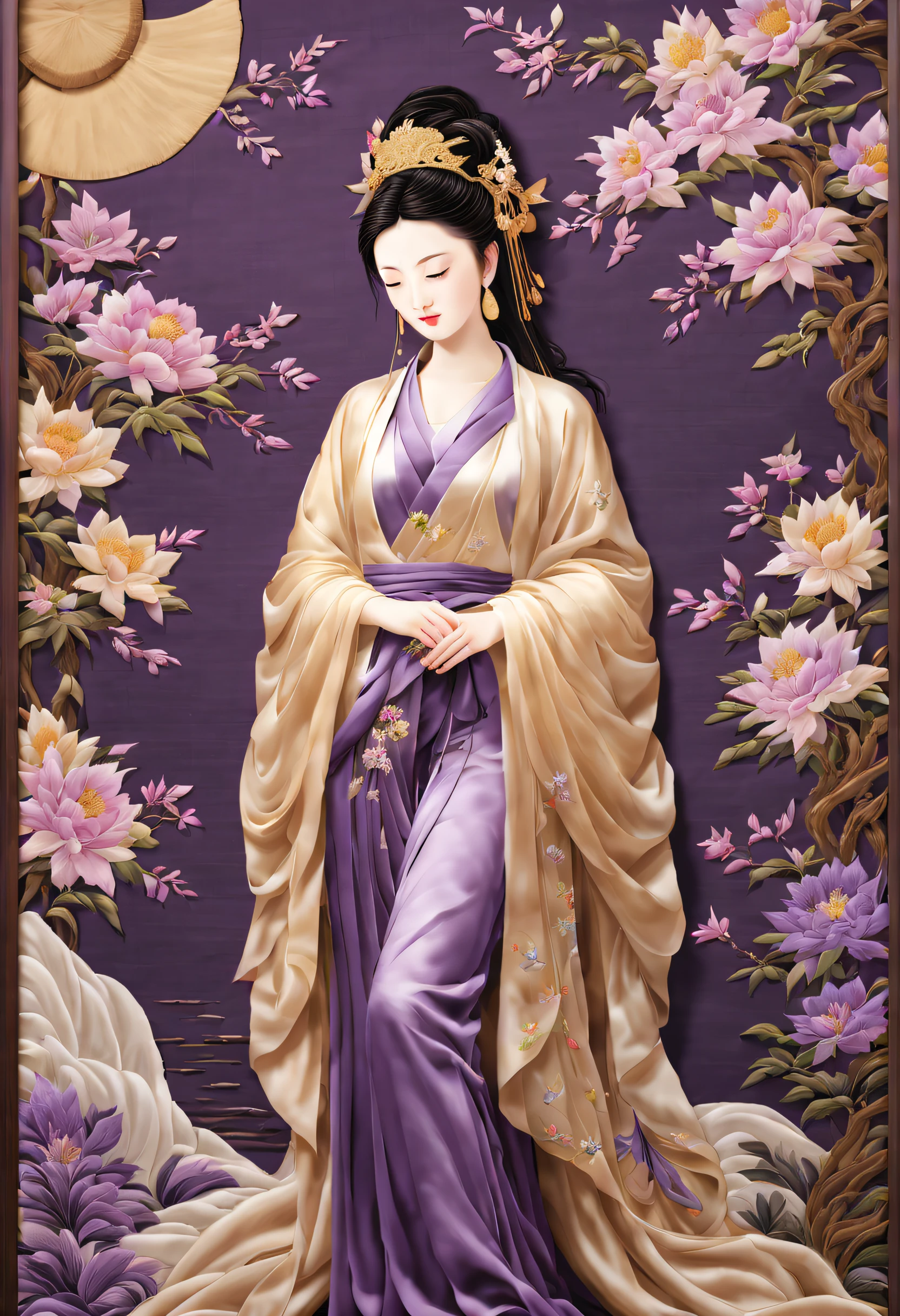 ( Embroidery works)), (Suzhou embroidered purple robe Guanyin statue), standing full-body, embroidery, Kesi silk craft,Embroidery works, The center is purple Guanyin，Surrounded by realistic embroidered flowers,  line sleek, bird's eyes view, gold background, Realistic embroidery details, k hd,Holographic rectangular glass frame, Niji 5 style expression,k hd，realistic embroidery，
Guanyin in purple looks peaceful, Her eyes are slightly closed, It was as if lost in thought.，Her face is round, Her lines are smooth, Full of compassion and wisdom, And the corners of his mouth were slightly raised, show a calm smile, People feel a sense of tranquility and comfort, Slender hands held together perfectly, Symbolizes love and blessings to the world，Every stitch embodies the hard work and wisdom of the craftsmen....，Her clothes are gorgeous and solemn, The color is mainly dark purple, Her robe is embroidered with beautiful colorful flowers and auspicious patterns, Sparkling，Pattern complements main color purple, The whole picture is more vivid and three-dimensional, embroidery、The works of Ziyi Guanyin give people a solemn feeling、sacred feeling