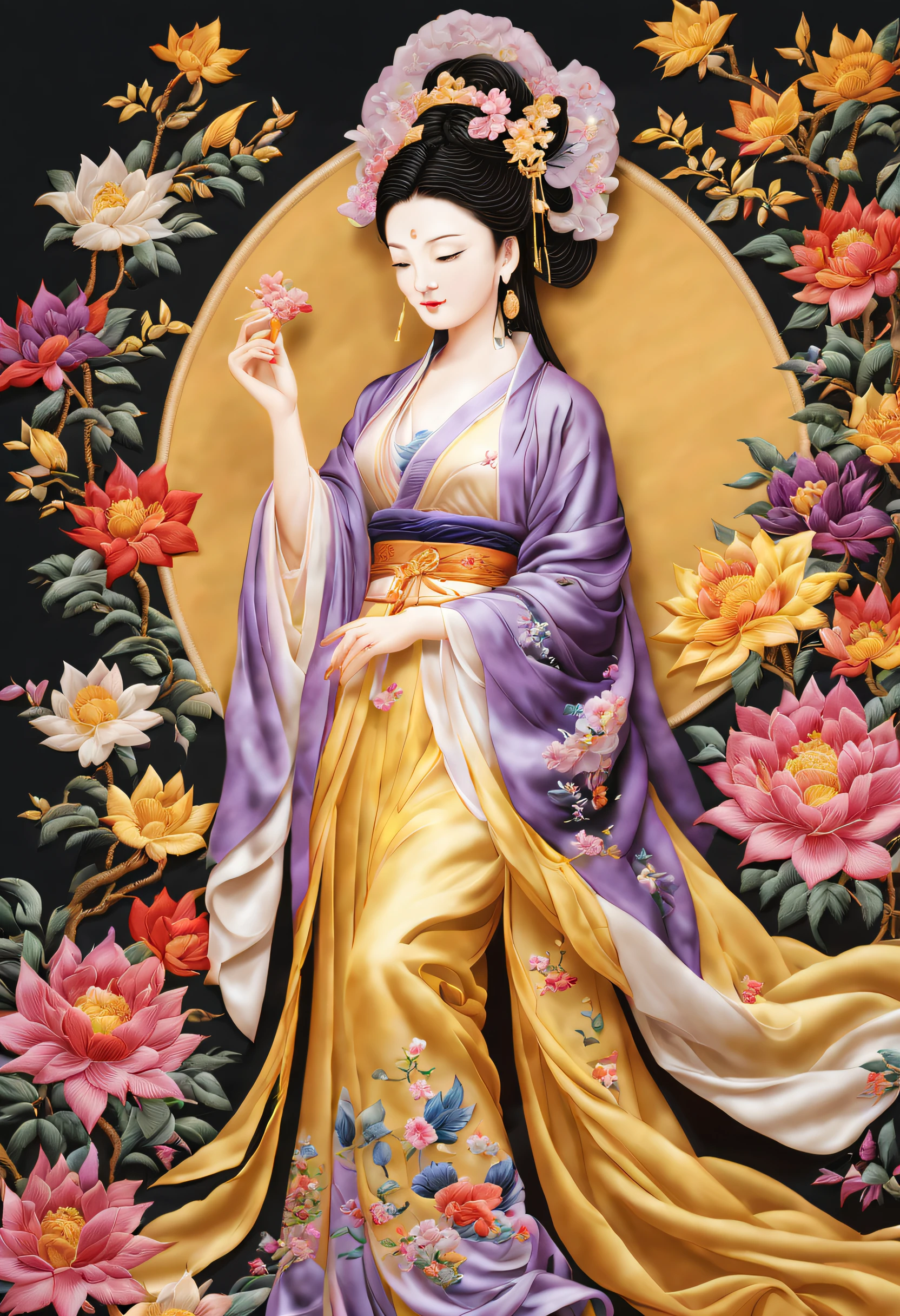 ( Embroidery works)), (Suzhou embroidered purple robe Guanyin statue), standing full-body, embroidery, Kesi silk craft,Embroidery works, The center is purple Guanyin，Surrounded by realistic embroidered flowers,  line sleek, bird's eyes view, gold background, Realistic embroidery details, k hd,Holographic rectangular glass frame, Niji 5 style expression,k hd，realistic embroidery，
Guanyin in purple looks peaceful, Her eyes are slightly closed, It was as if lost in thought.，Her face is round, Her lines are smooth, Full of compassion and wisdom, And the corners of his mouth were slightly raised, show a calm smile, People feel a sense of tranquility and comfort, Slender hands held together perfectly, Symbolizes love and blessings to the world，Every stitch embodies the hard work and wisdom of the craftsmen...，Her clothes are gorgeous and solemn, The color is mainly dark purple, Her robe is embroidered with beautiful colorful flowers and auspicious patterns, Sparkling，The pattern complements the main color purple, The whole picture is more vivid and three-dimensional, embroidery、The works of Ziyi Guanyin give people a solemn feeling、sacred feeling