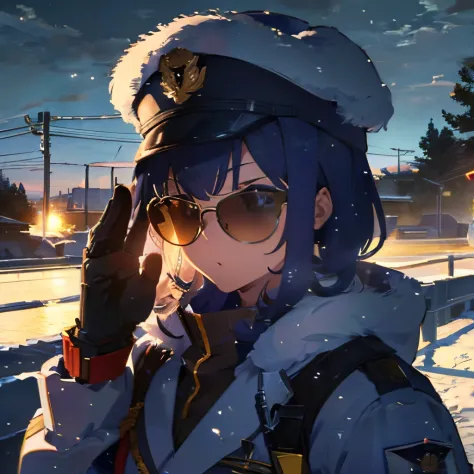 (4K), (best quality), (Best details), (ultra realistic), Kai'sa, russian soldier, winter, snow storm, russian hat, sunglasses, beautiful, soldier's salute, looking at viewer, winter war.