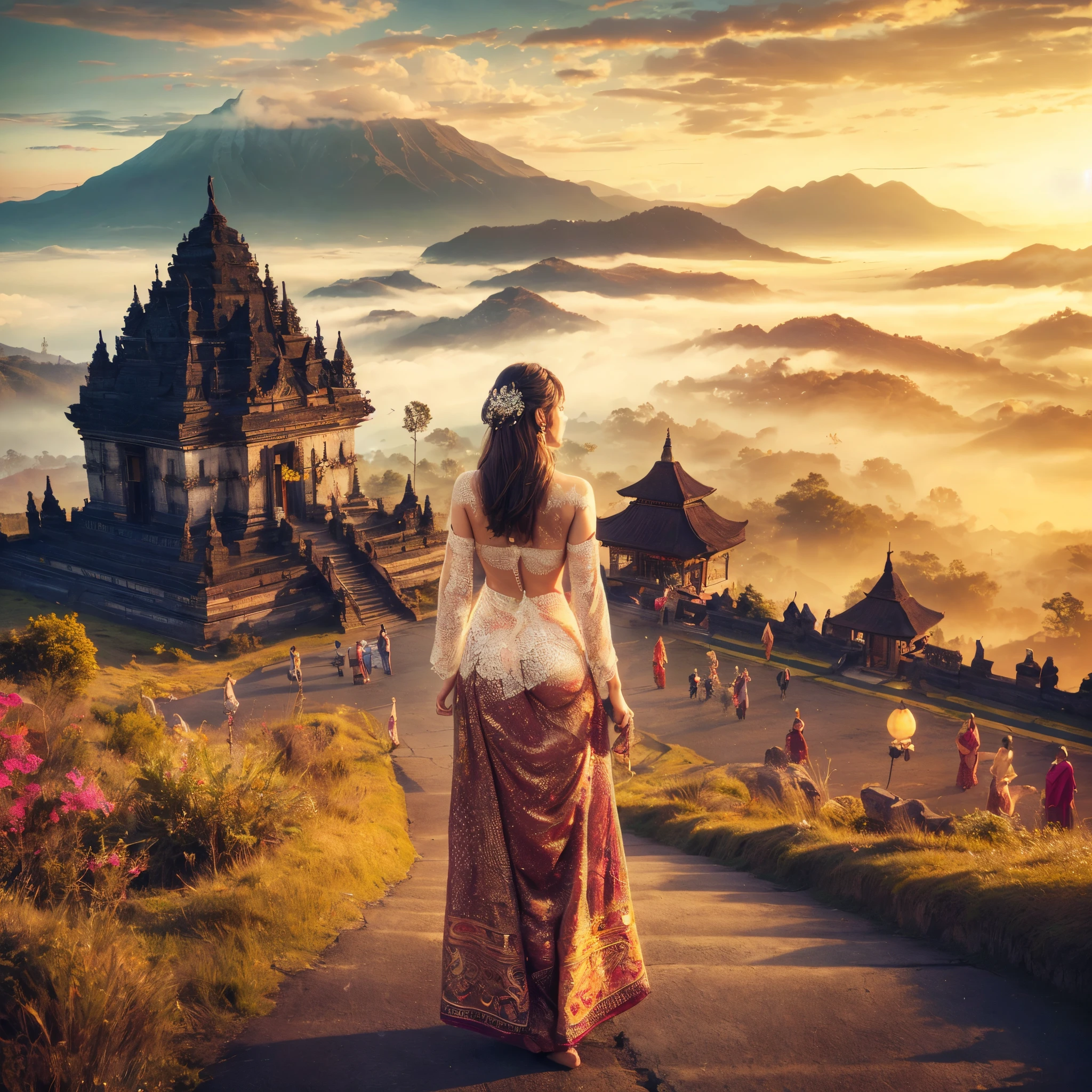 generate a traditional girl wearing kebaya standing in front of candi, beautifull sky, sunlight, beautifull clouds, beautifull panorama,beautifull mountain, people background, masterpiece, best quality:1.2),(8k,highres,RAW photo,realistic,photo-realistic:1.3),(detailed skin texture,detailed cloth texture,beautiful detailed face:1.25),professional lighting,photon mapping,beautiful soft light,radiosity,physically-based rendering,raytracing, model shoot style, model shoot style, (extremely detailed CG unity 8k wallpaper), full shot body photo of the most beautiful artwork in the world, (((nsfw))), (((nude))), (((naked))), (((nipples)))